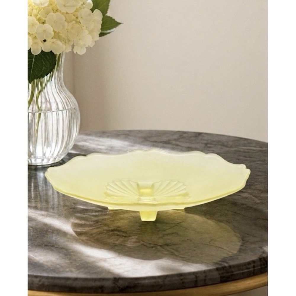 1930's LANCASTER Glass Yellow Satin Footed Shallow Bowl Platter 10.5"  #869